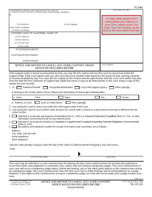 Form FL-640 Notice and Motion to Cancel (Set Aside) Support Order Based on Presumed Income - California