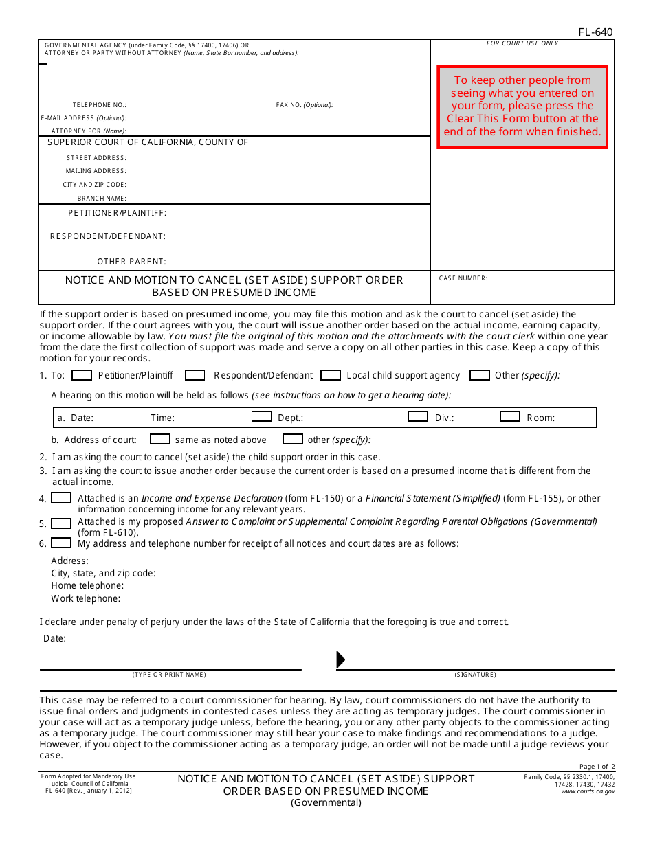 Form FL-640 Notice and Motion to Cancel (Set Aside) Support Order Based on Presumed Income - California, Page 1