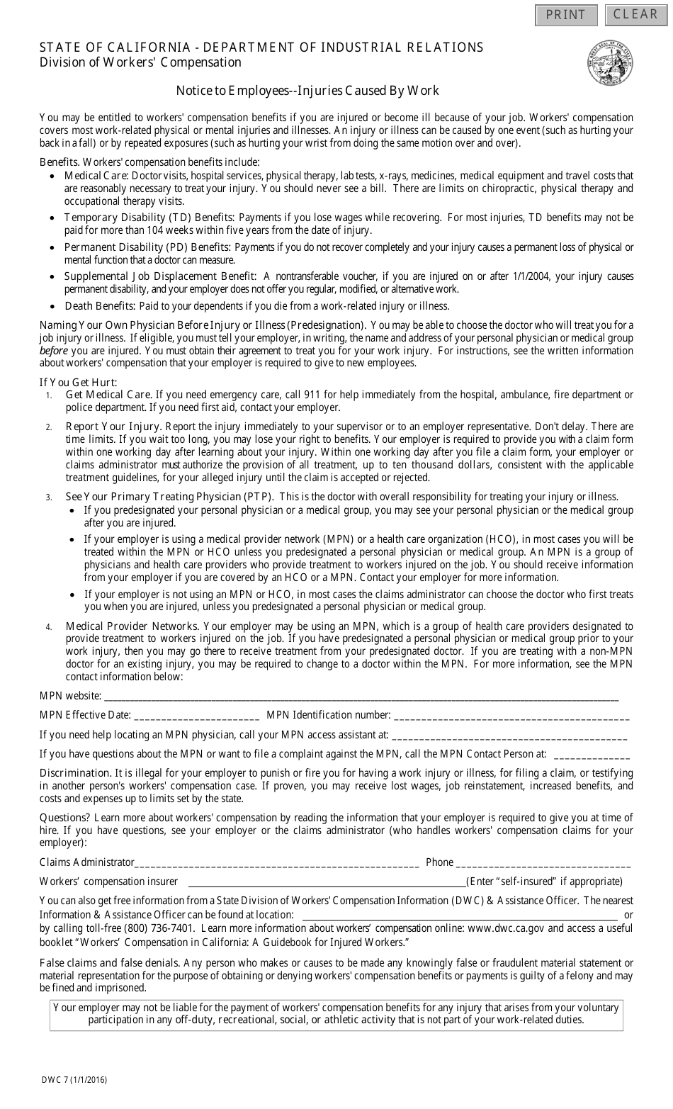 DWC Form 7 Notice to Employees - Injuries Caused by Work - California (English / Spanish), Page 1