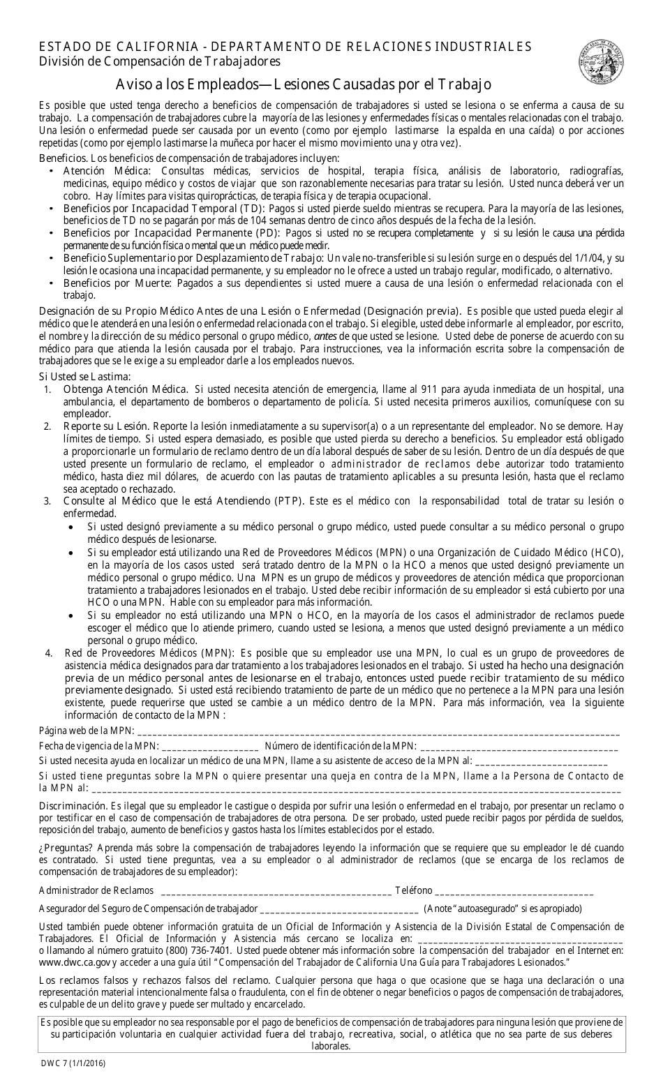 DWC Form 7 Notice to Employees - Injuries Caused by Work - California (English / Spanish), Page 2