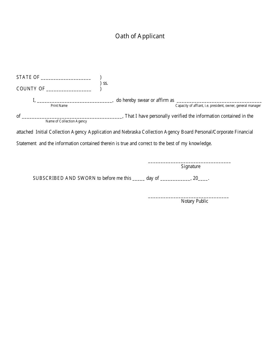 Oath of Applicant - Nebraska, Page 1