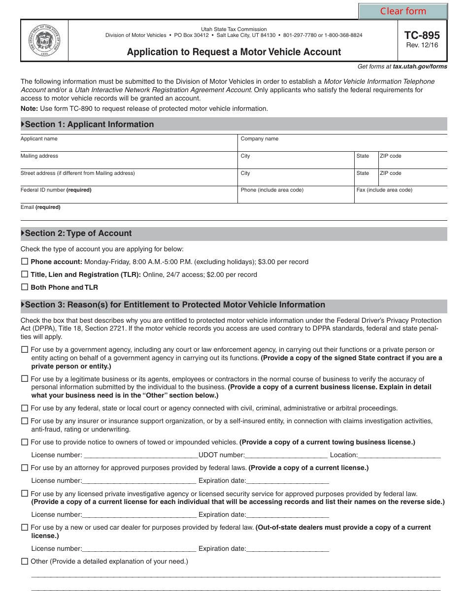 Form TC-895 Application to Request a Motor Vehicle Account - Utah, Page 1