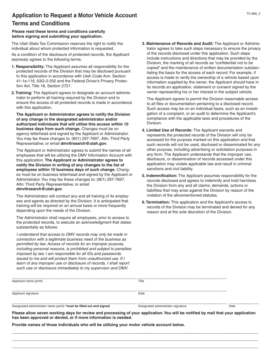 Form TC-895 Application to Request a Motor Vehicle Account - Utah, Page 2