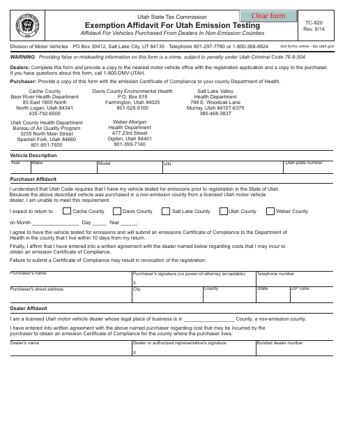 Form TC-820 Exemption Affidavit for Utah Emission Testing - Utah