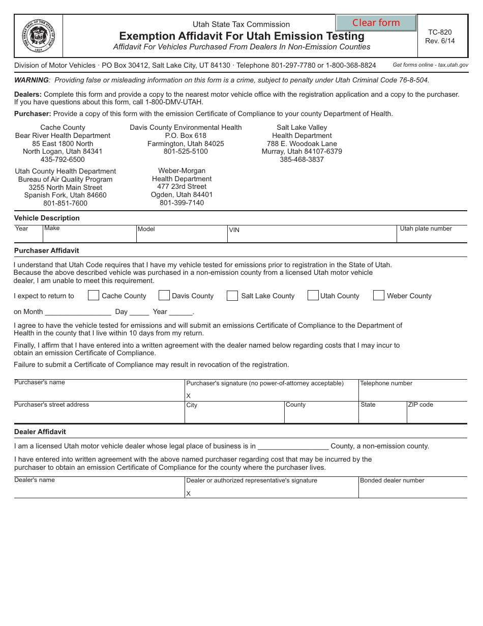 Form TC-820 Exemption Affidavit for Utah Emission Testing - Utah, Page 1