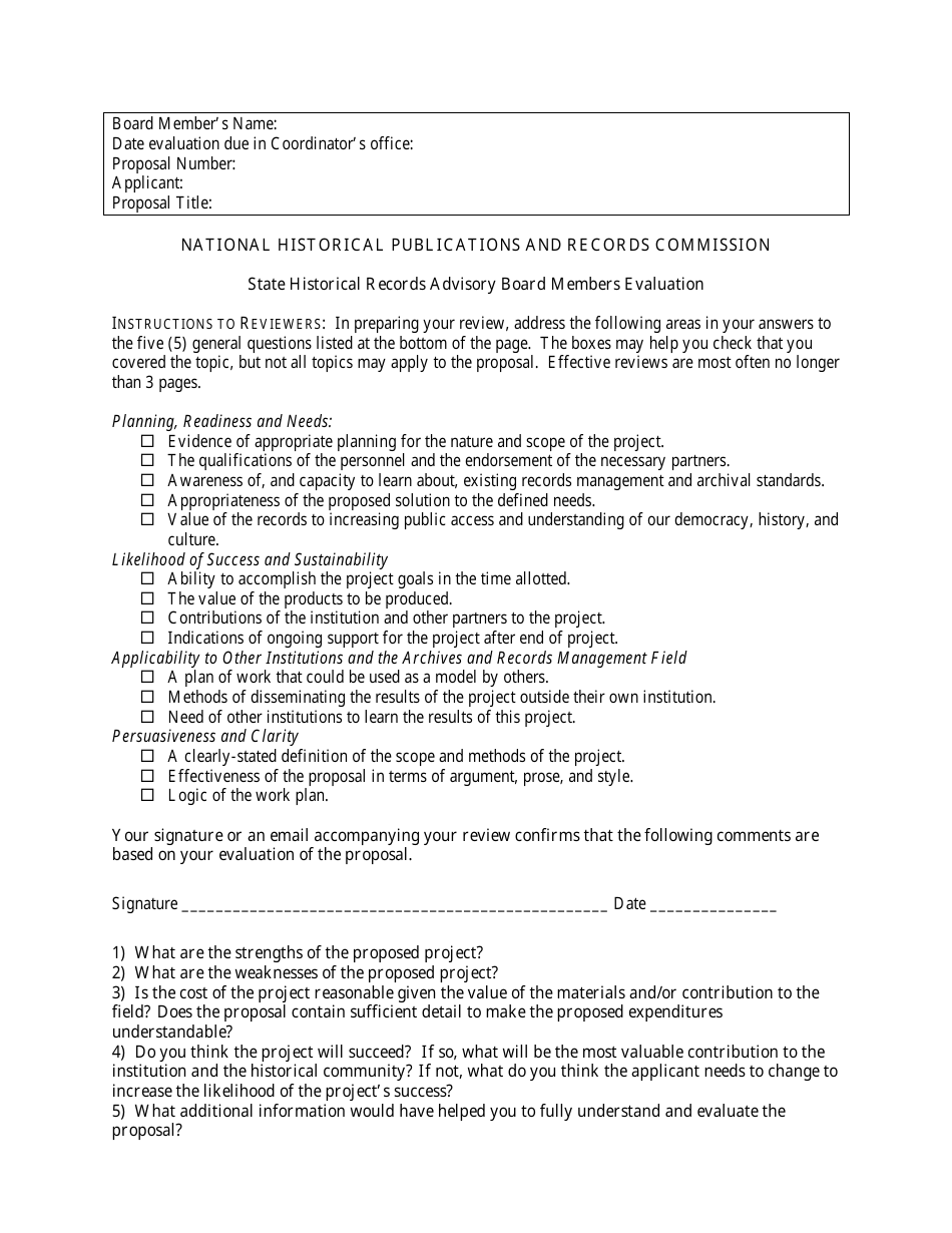 State Historical Records Advisory Board Members Evaluation Form, Page 1