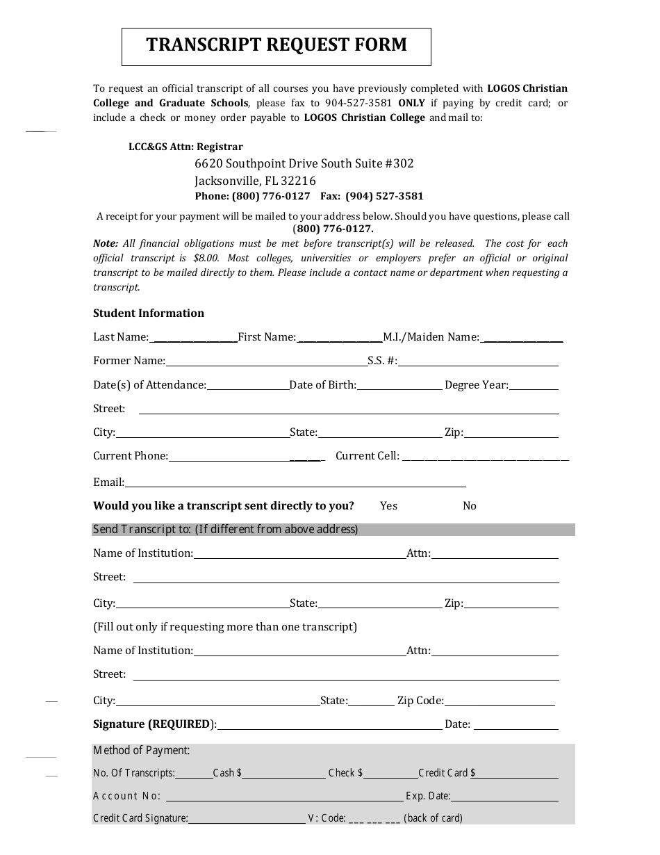 Transcript Request Form - Logos Christian College and Graduate Schools, Page 1