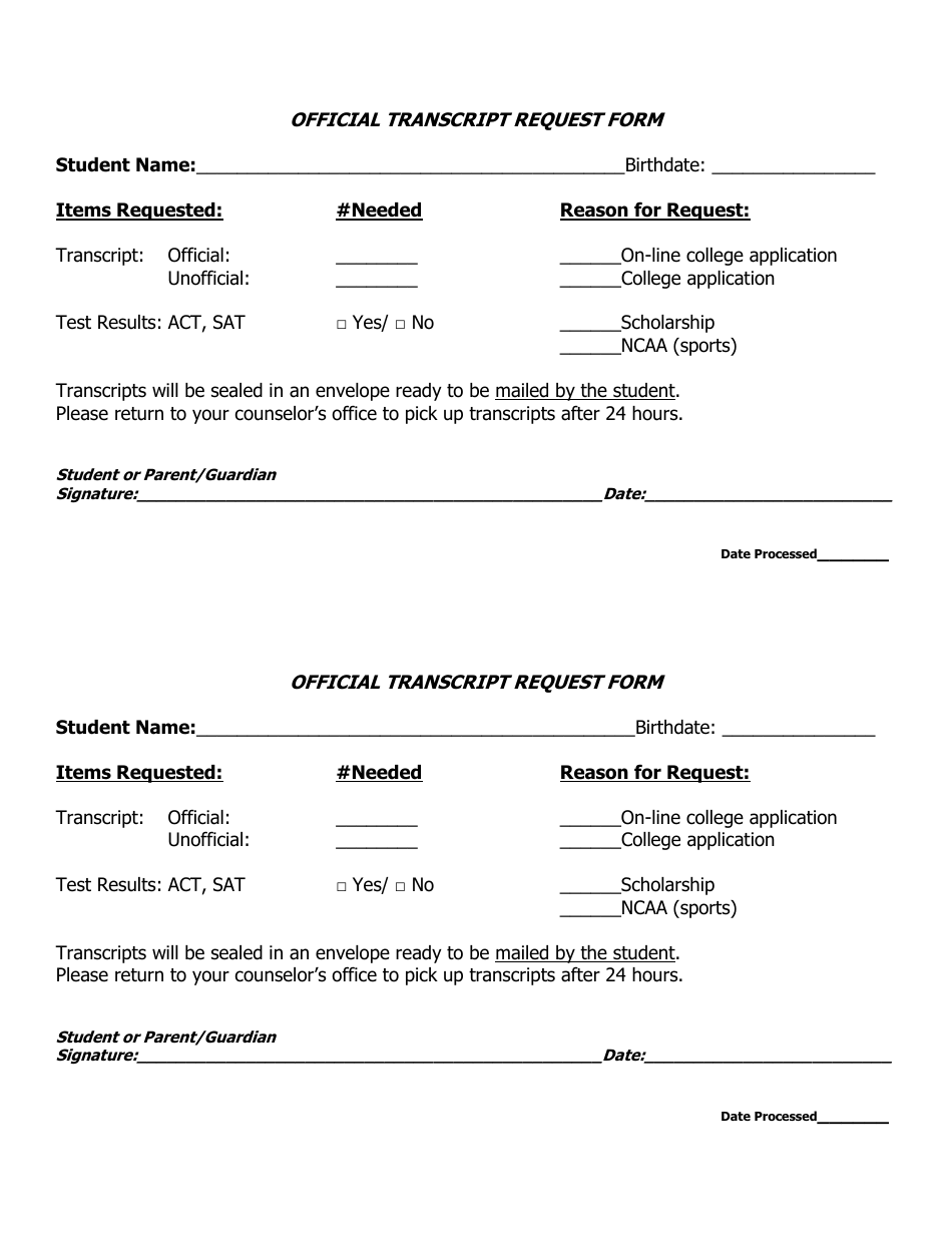 Official Transcript Request Form, Page 1