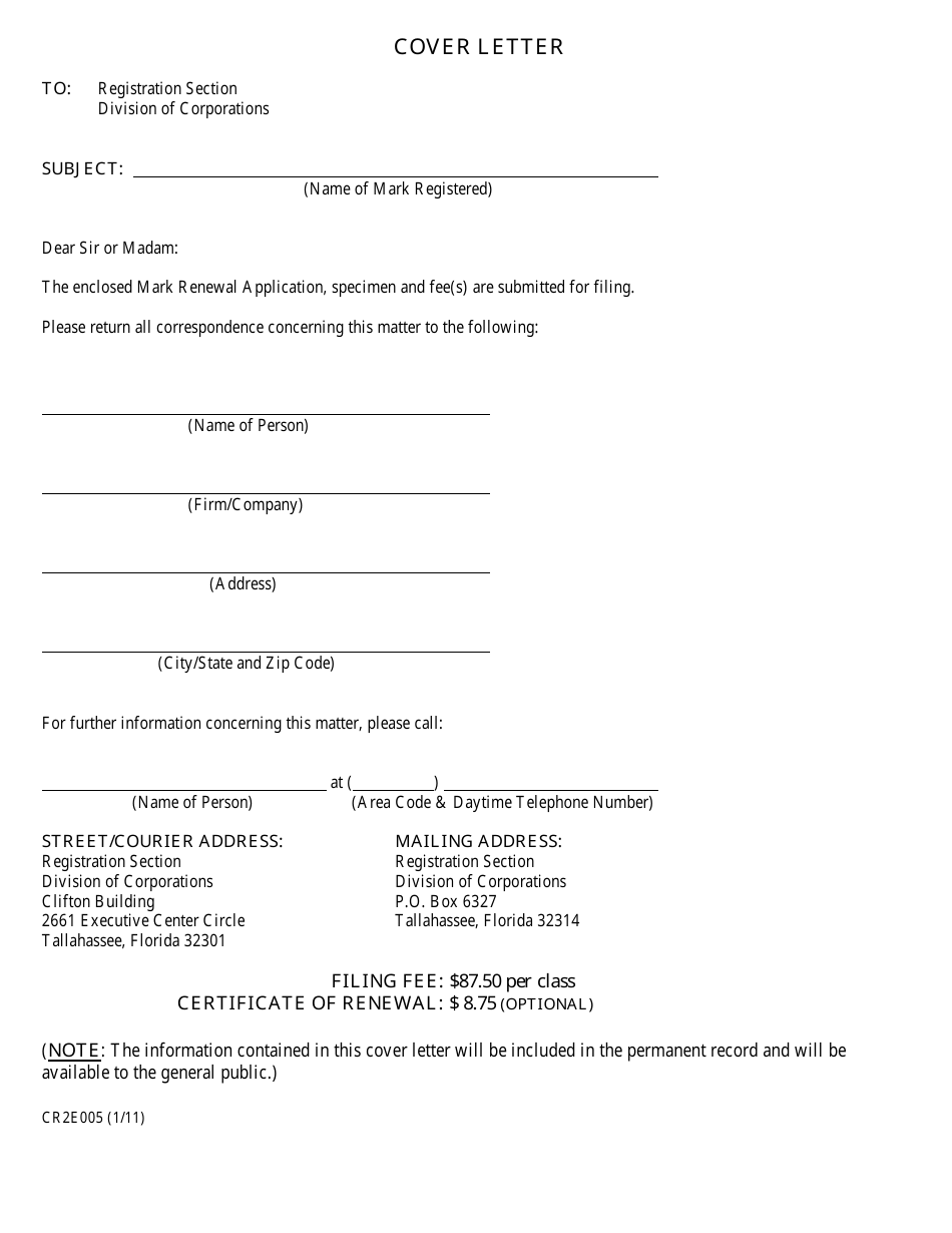 Form CR2E005 Mark Renewal Application - Florida, Page 1