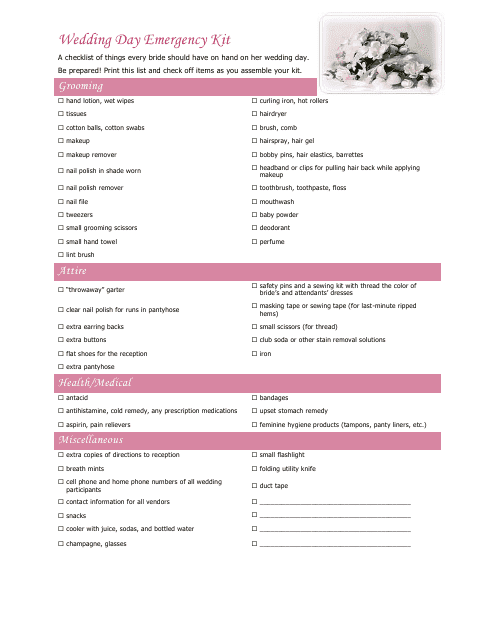 &quot;Wedding Day Emergency Kit Template&quot; Download Pdf