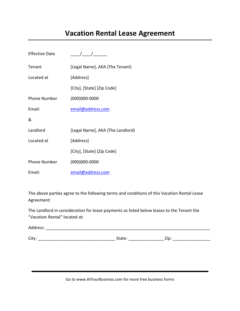 Vacation Rental Lease Agreement Template, Page 1