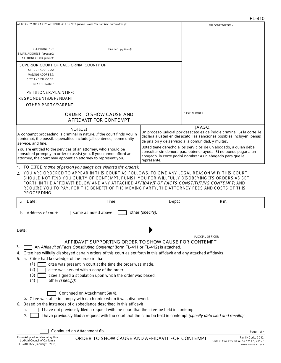 Form FL-410 Order to Show Cause and Affidavit for Contempt - California, Page 1
