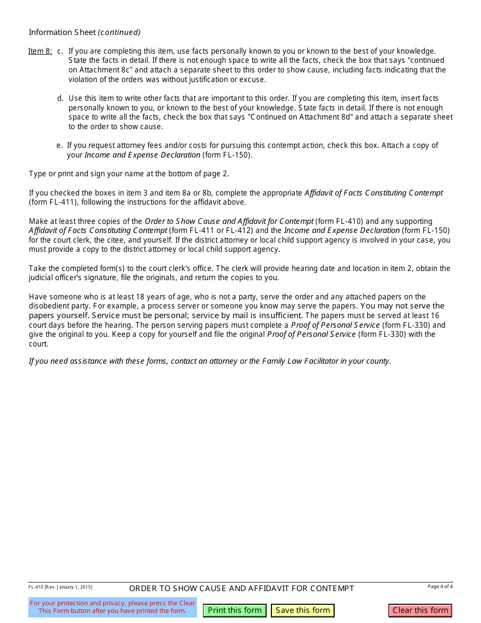 Form FL-410 Order to Show Cause and Affidavit for Contempt - California, Page 4