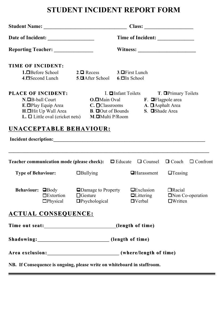 Student Incident Report Form, Page 1