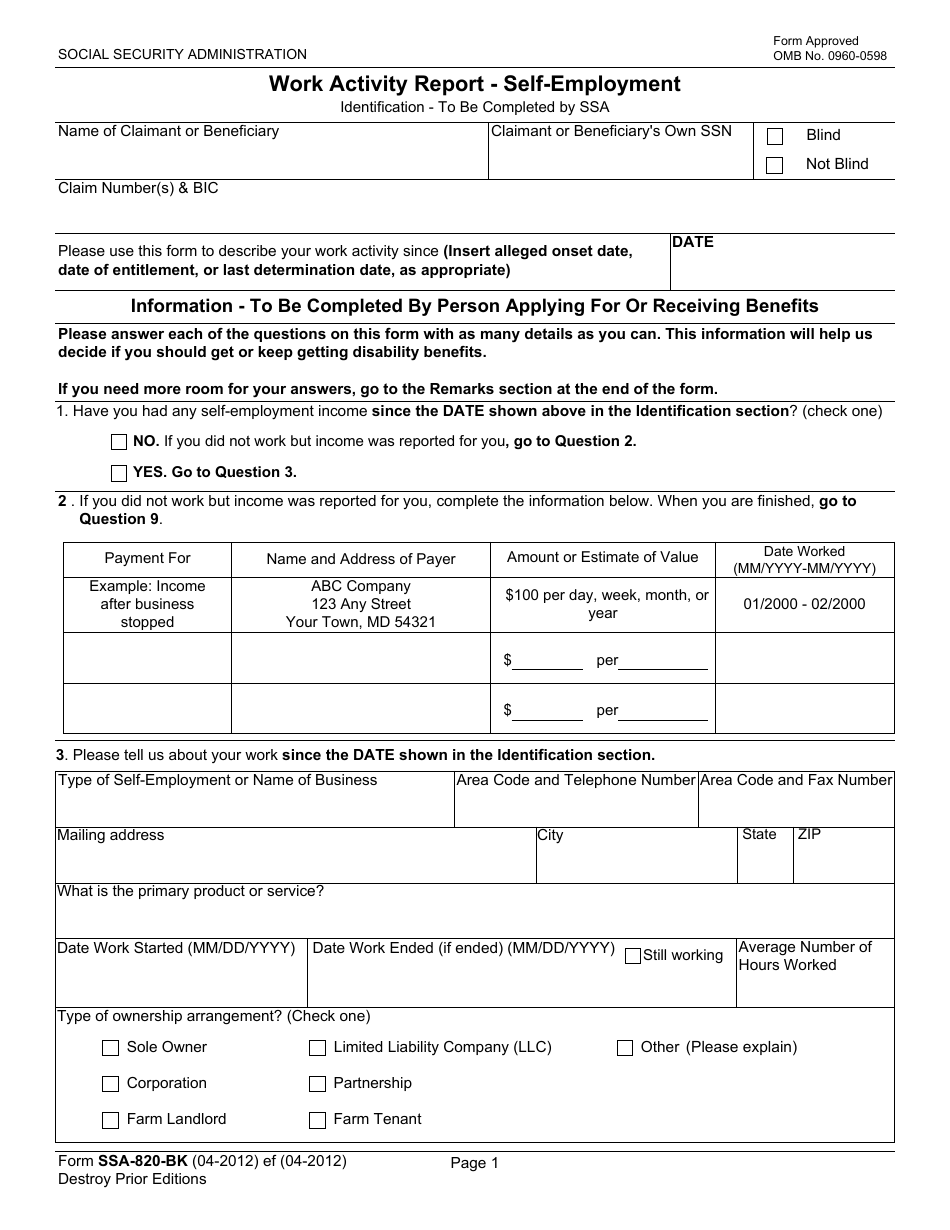 Form SSA-B20-BK Work Activity Report - Self-employment, Page 3