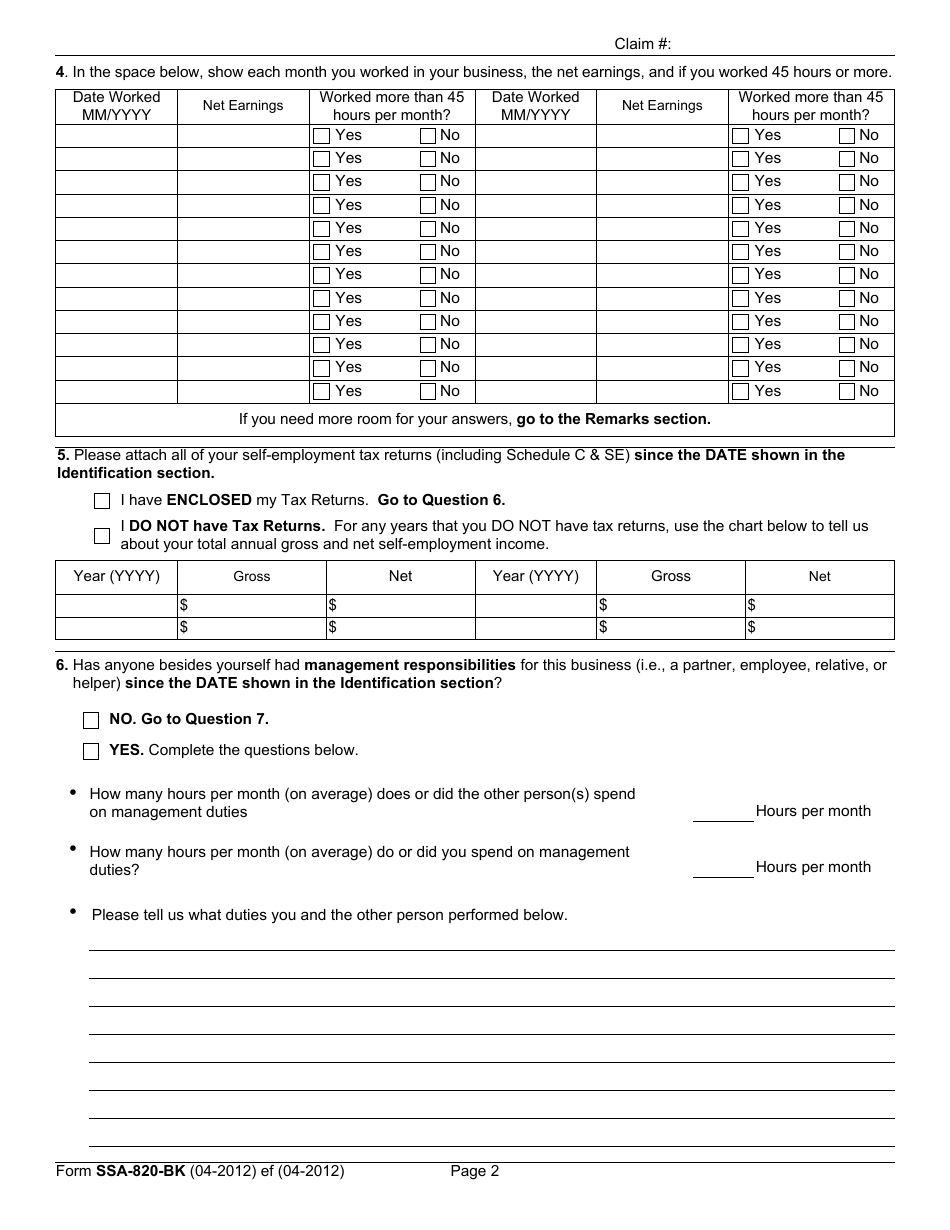 Form SSA-B20-BK Work Activity Report - Self-employment, Page 4