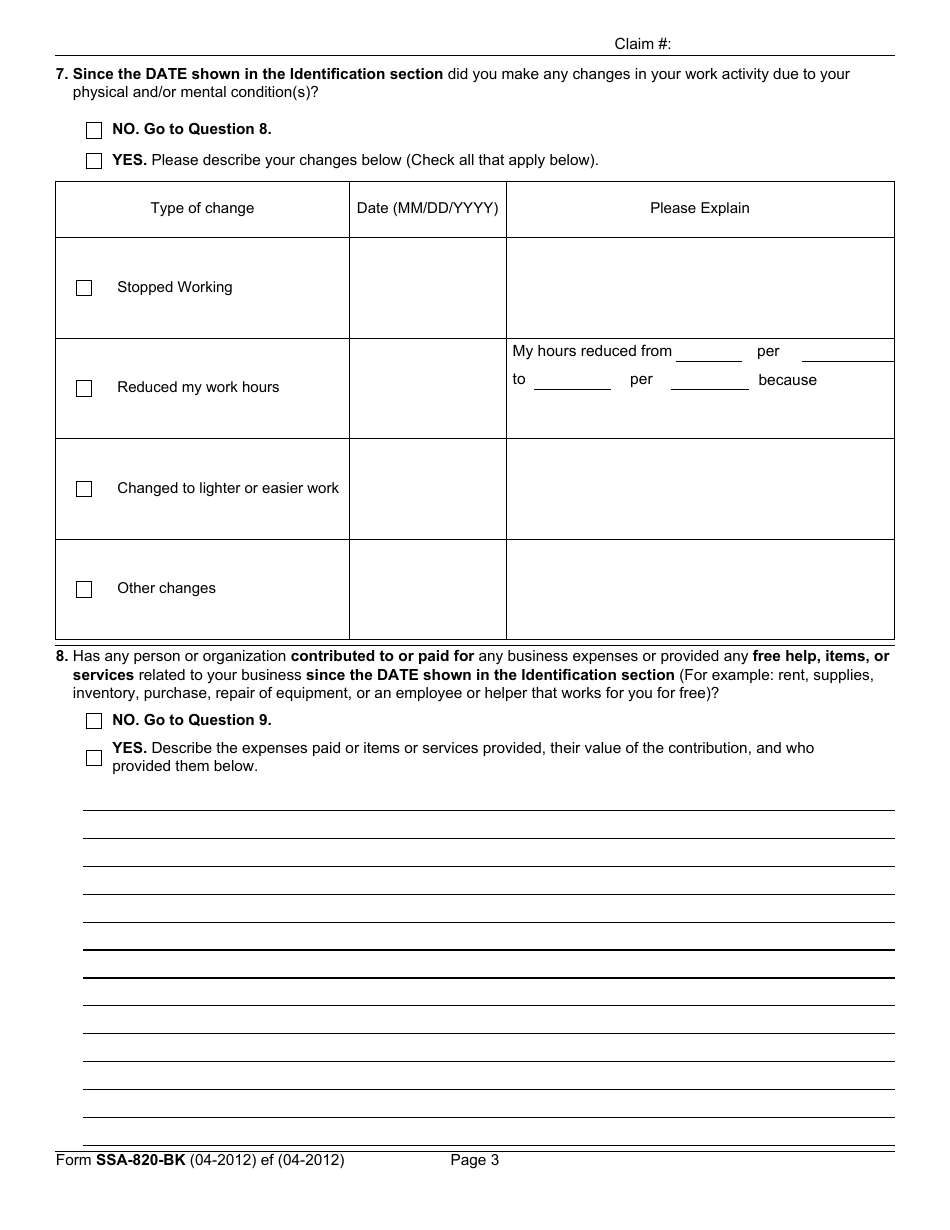 Form SSA-B20-BK Work Activity Report - Self-employment, Page 5