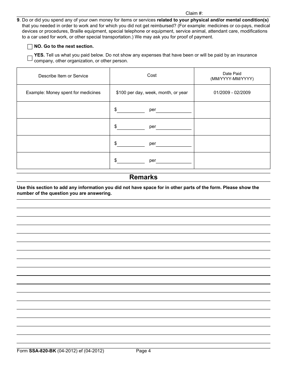 Form SSA-B20-BK Work Activity Report - Self-employment, Page 6