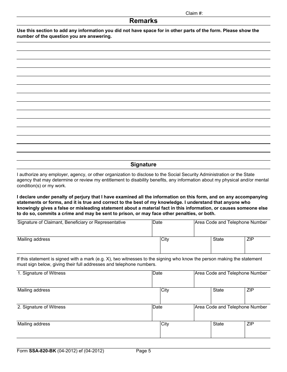 Form SSA-B20-BK Work Activity Report - Self-employment, Page 7