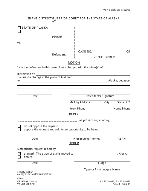 Form CR-320 Venue Motion and Order - Alaska