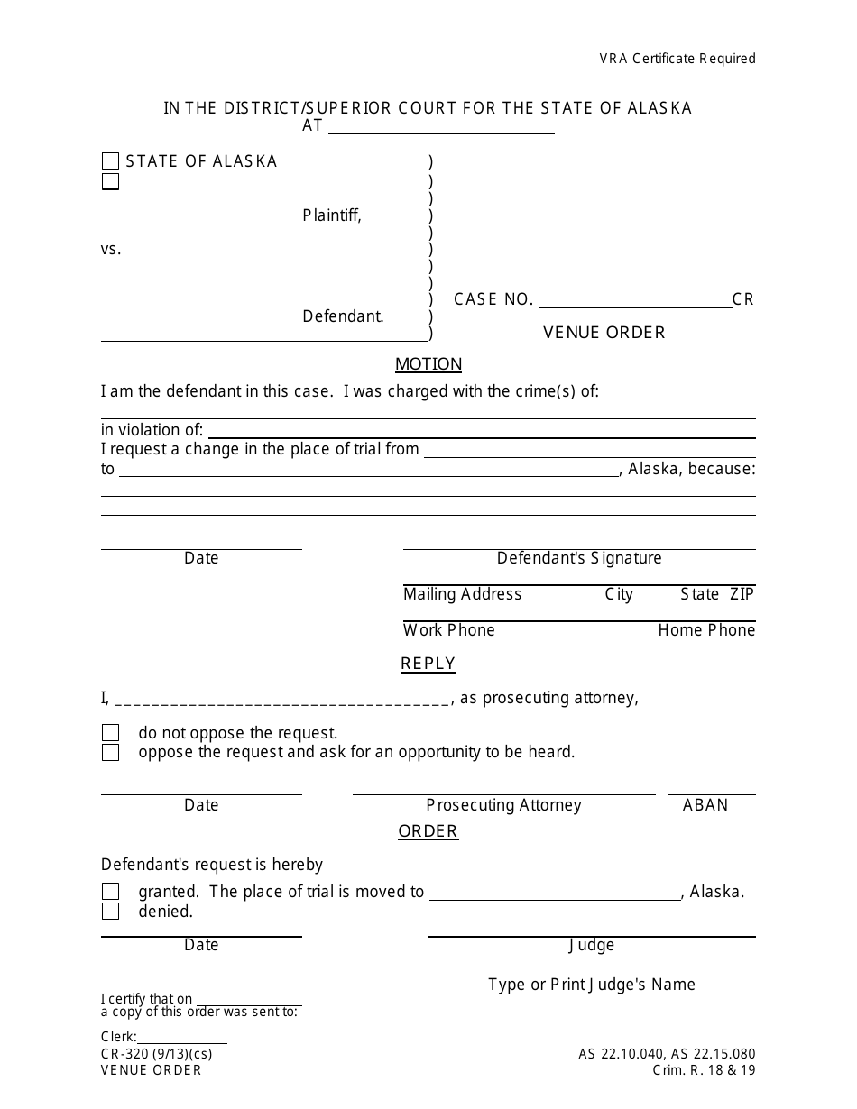 Form CR-320 Venue Motion and Order - Alaska, Page 1
