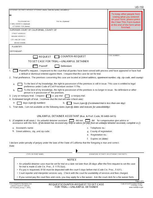 Form UD-150 Request/Counter-Request to Set Case for Trial - Unlawful Detainer - California