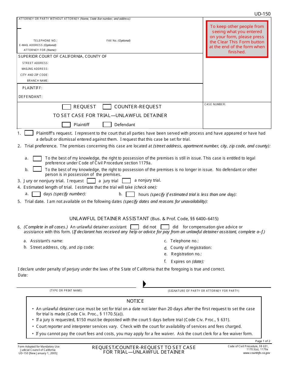 Form UD-150 Request / Counter-Request to Set Case for Trial - Unlawful Detainer - California, Page 1