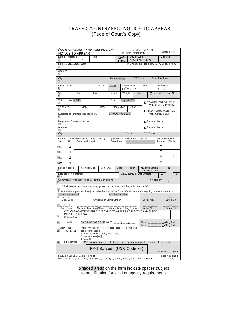 Form TR-130 Traffic / Nontraffic Notice to Appear - California, Page 1