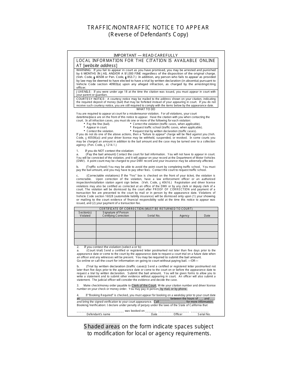 Form TR-130 Traffic / Nontraffic Notice to Appear - California, Page 2