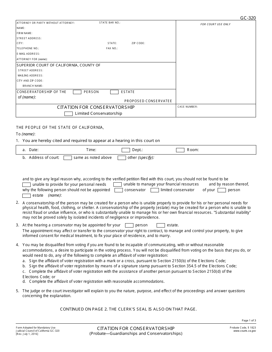 Form GC-320 Citation for Conservatorship - California, Page 1