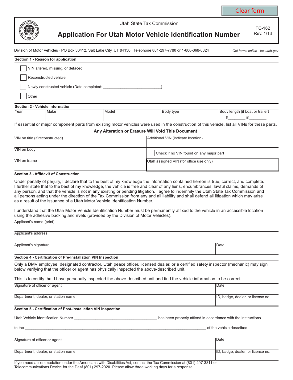 Form TC-162 Application for Utah Motor Vehicle Identification Number - Utah, Page 1