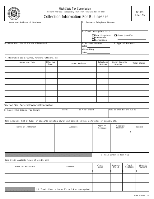 Form TC-803 Collection Information for Businesses - Utah