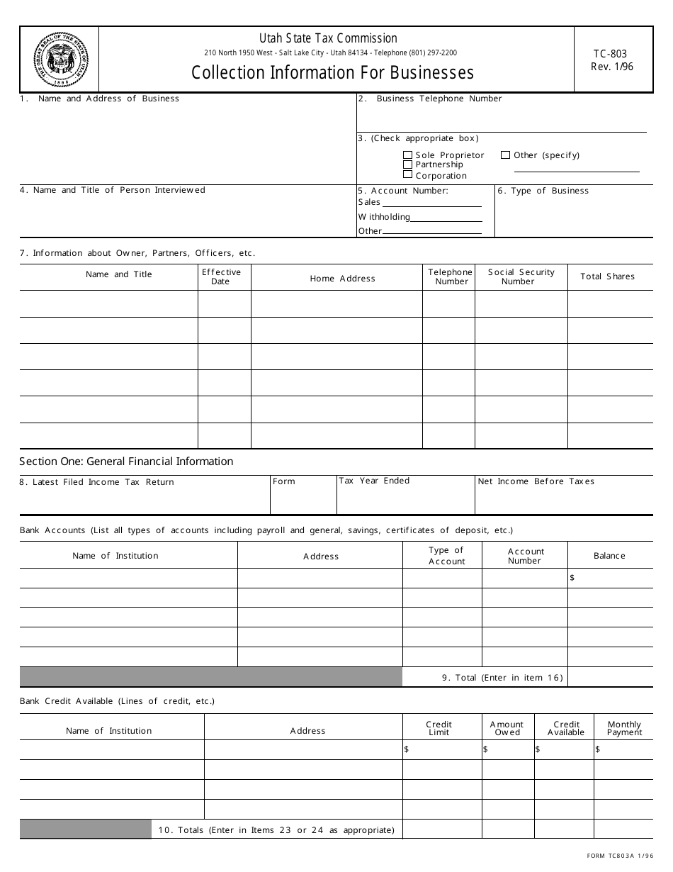 Form TC-803 Collection Information for Businesses - Utah, Page 1