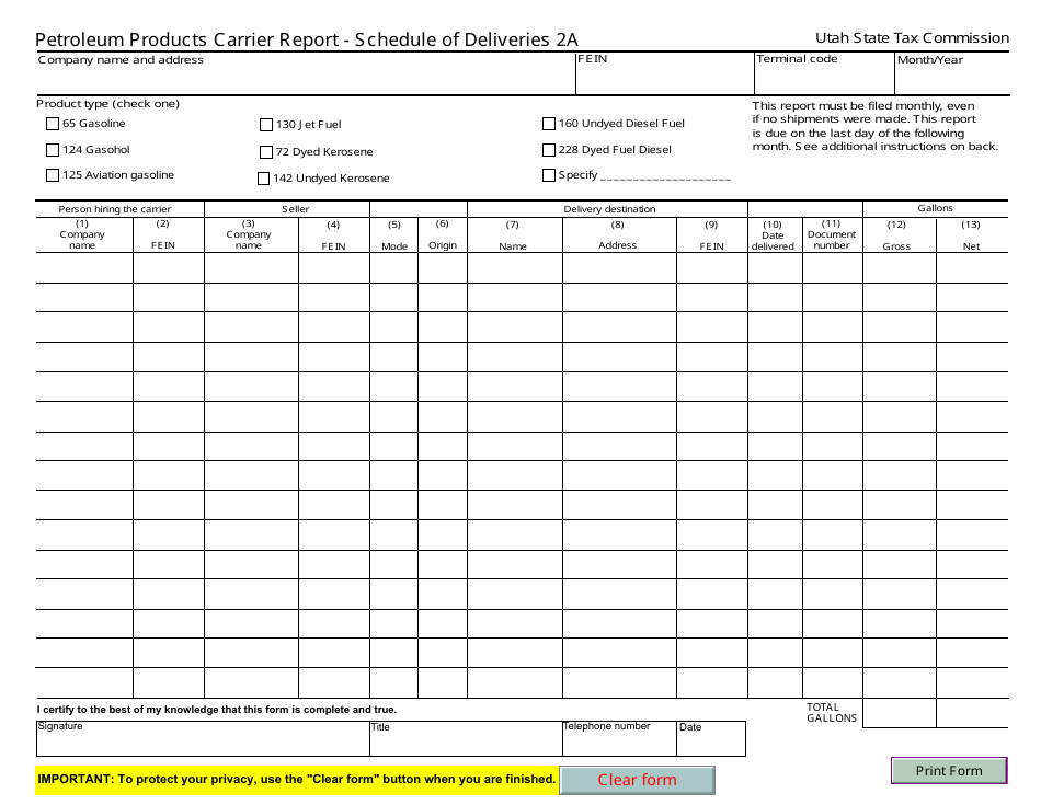 Petroleum Products Carrier Report - Schedule of Deliveries 2a - Utah, Page 1