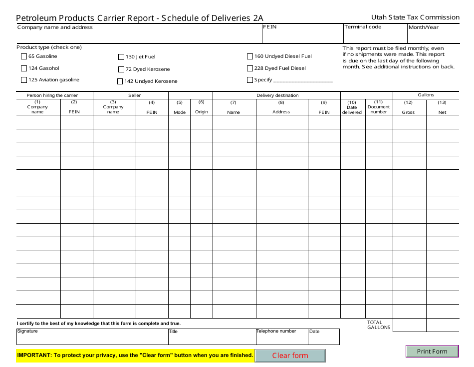 Utah Petroleum Products Carrier Report - Schedule of Deliveries 2a ...