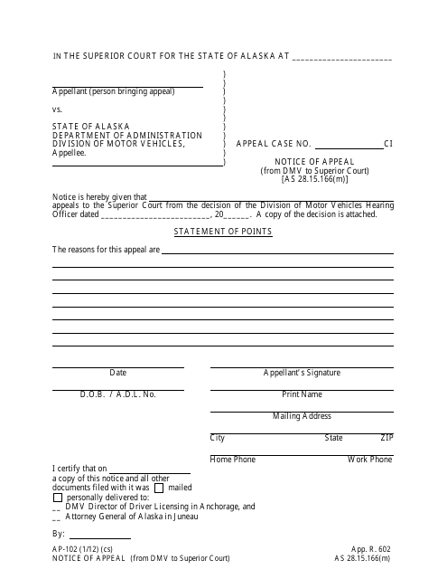 Form AP-102 Notice of Appeal (From DMV to Superior Court) - Alaska