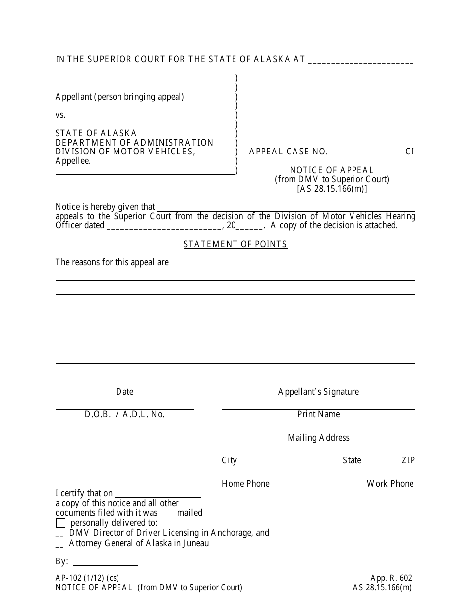 Form AP-102 Notice of Appeal (From DMV to Superior Court) - Alaska, Page 1