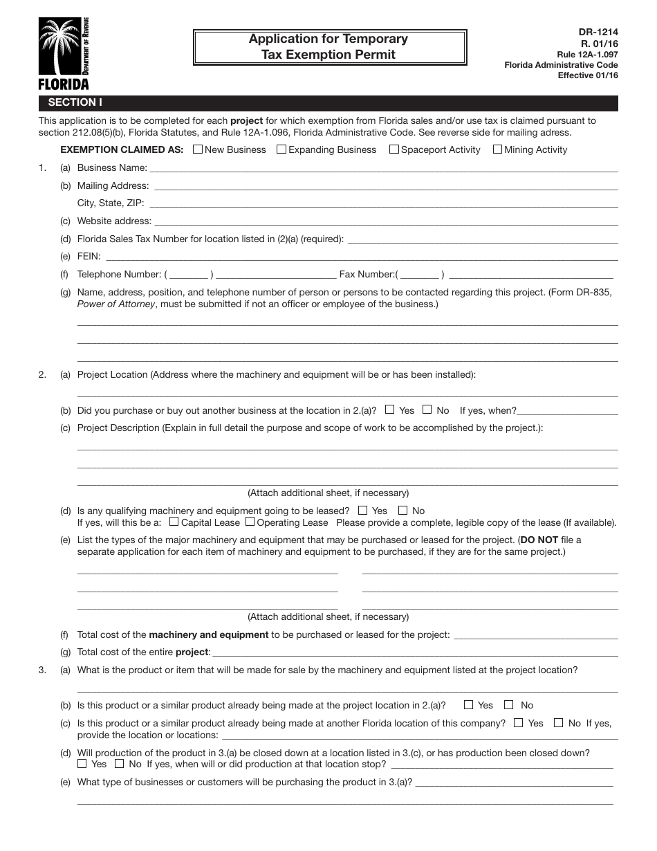 Form DR-1214 Application for Temporary Tax Exemption Permit - Florida, Page 1