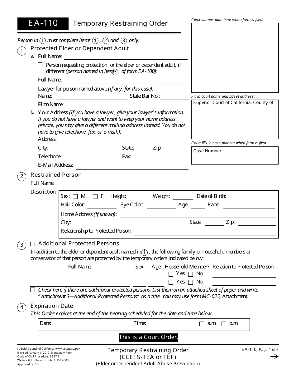 Form EA110 Download Fillable PDF or Fill Online Temporary Restraining