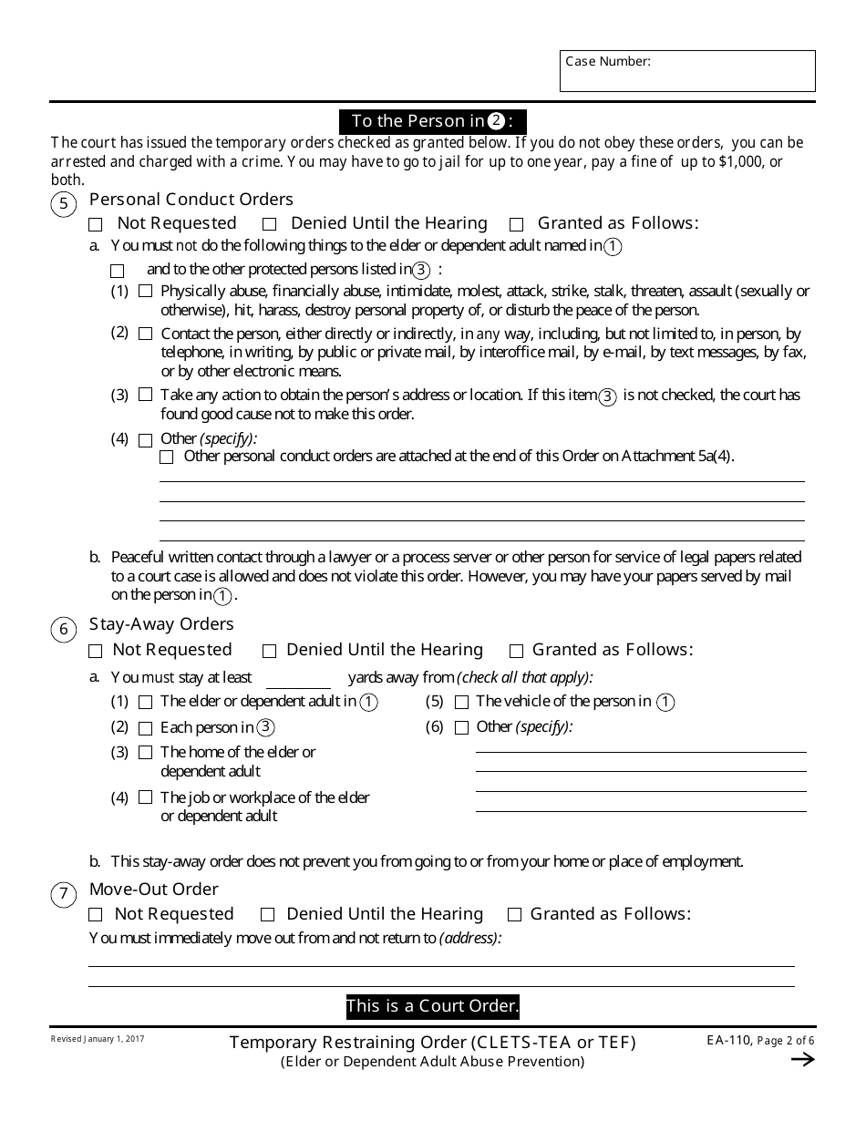 Form EA-110 Temporary Restraining Order - California, Page 2