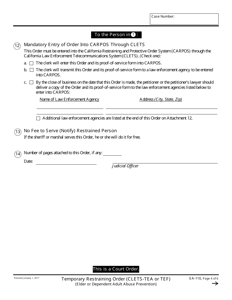 Form EA-110 Temporary Restraining Order - California, Page 4