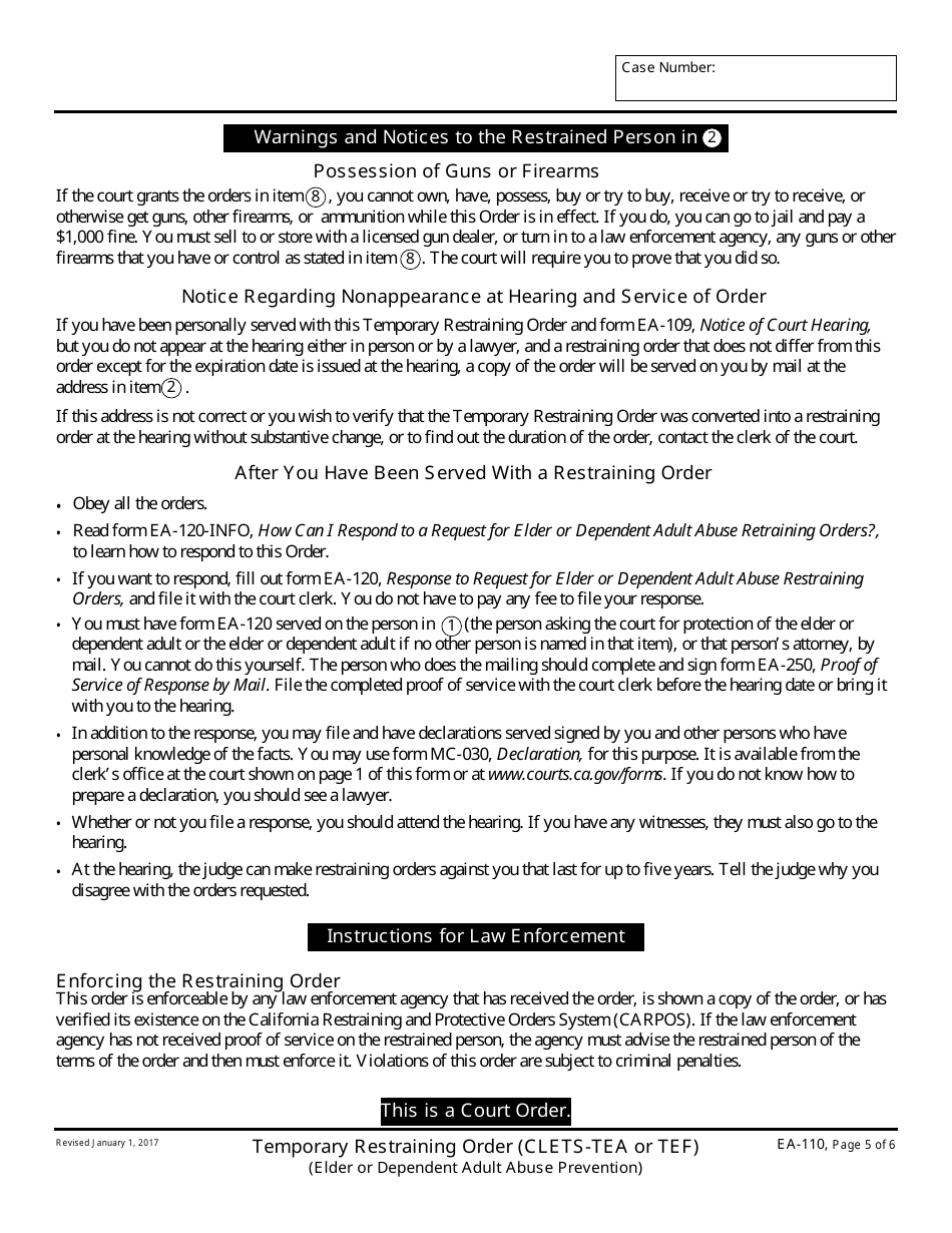 Form EA-110 Temporary Restraining Order - California, Page 5