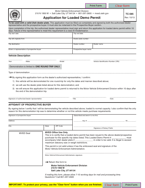 Form TC-585 Application for Loaded Demo Permit - Utah
