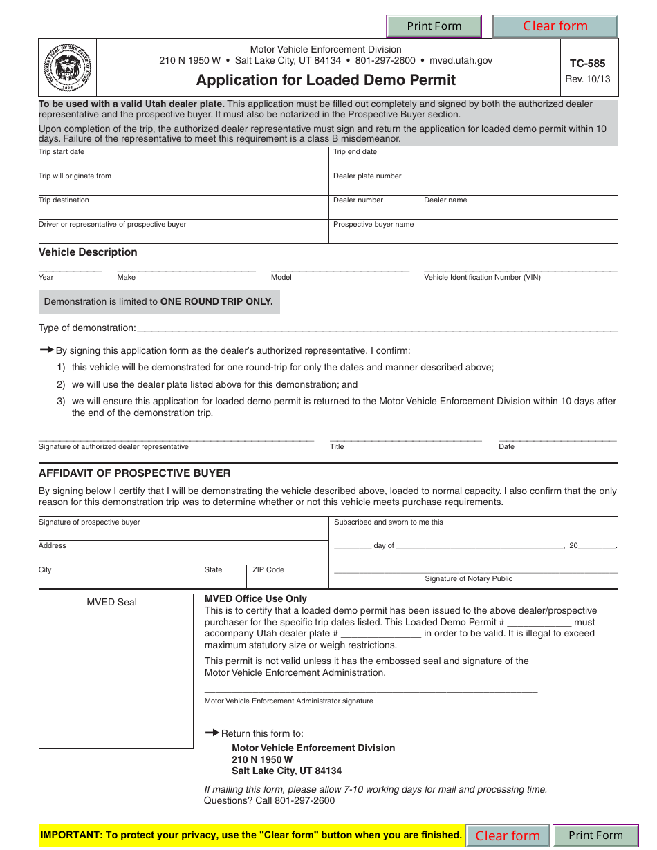 Form TC-585 - Fill Out, Sign Online and Download Fillable PDF, Utah ...