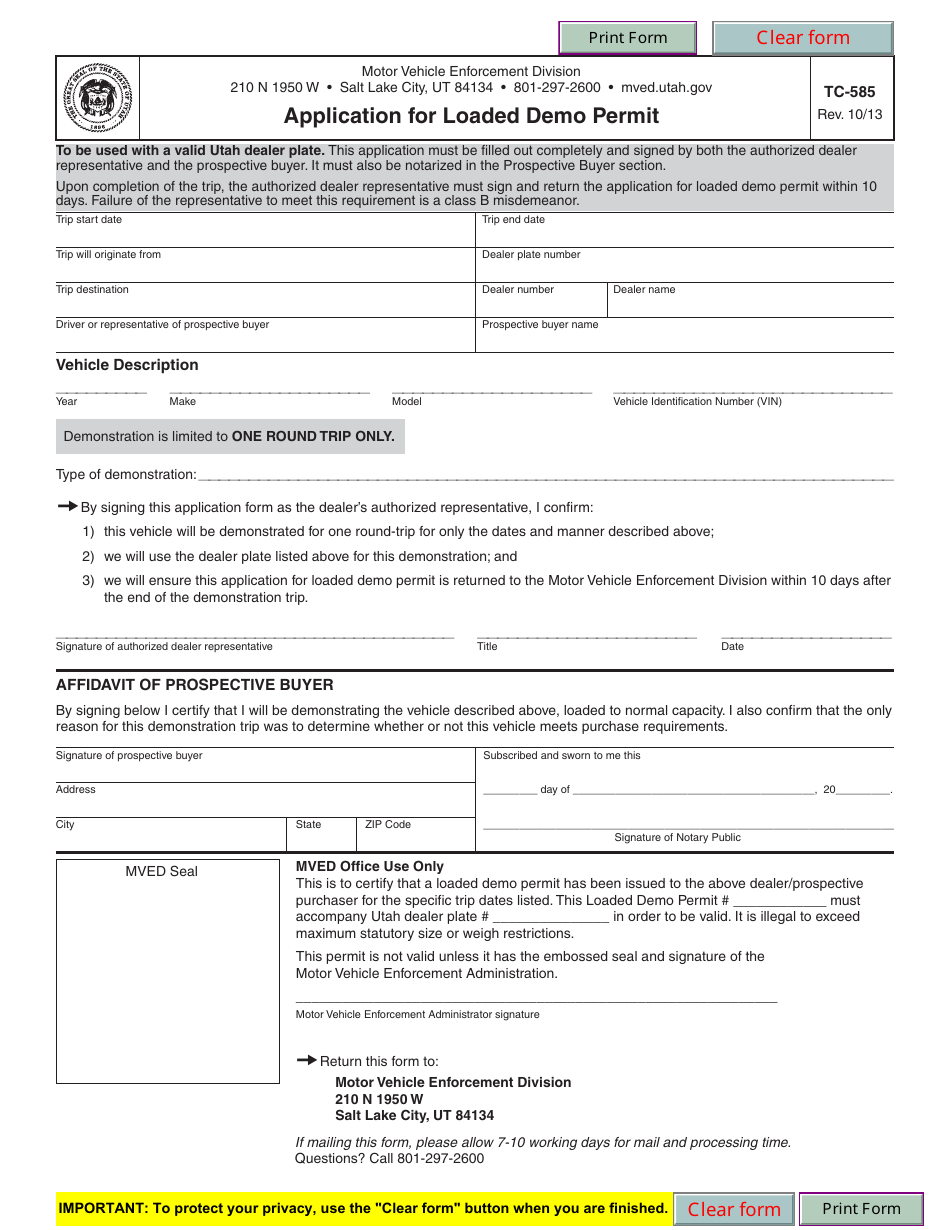 Form TC-585 Application for Loaded Demo Permit - Utah, Page 1