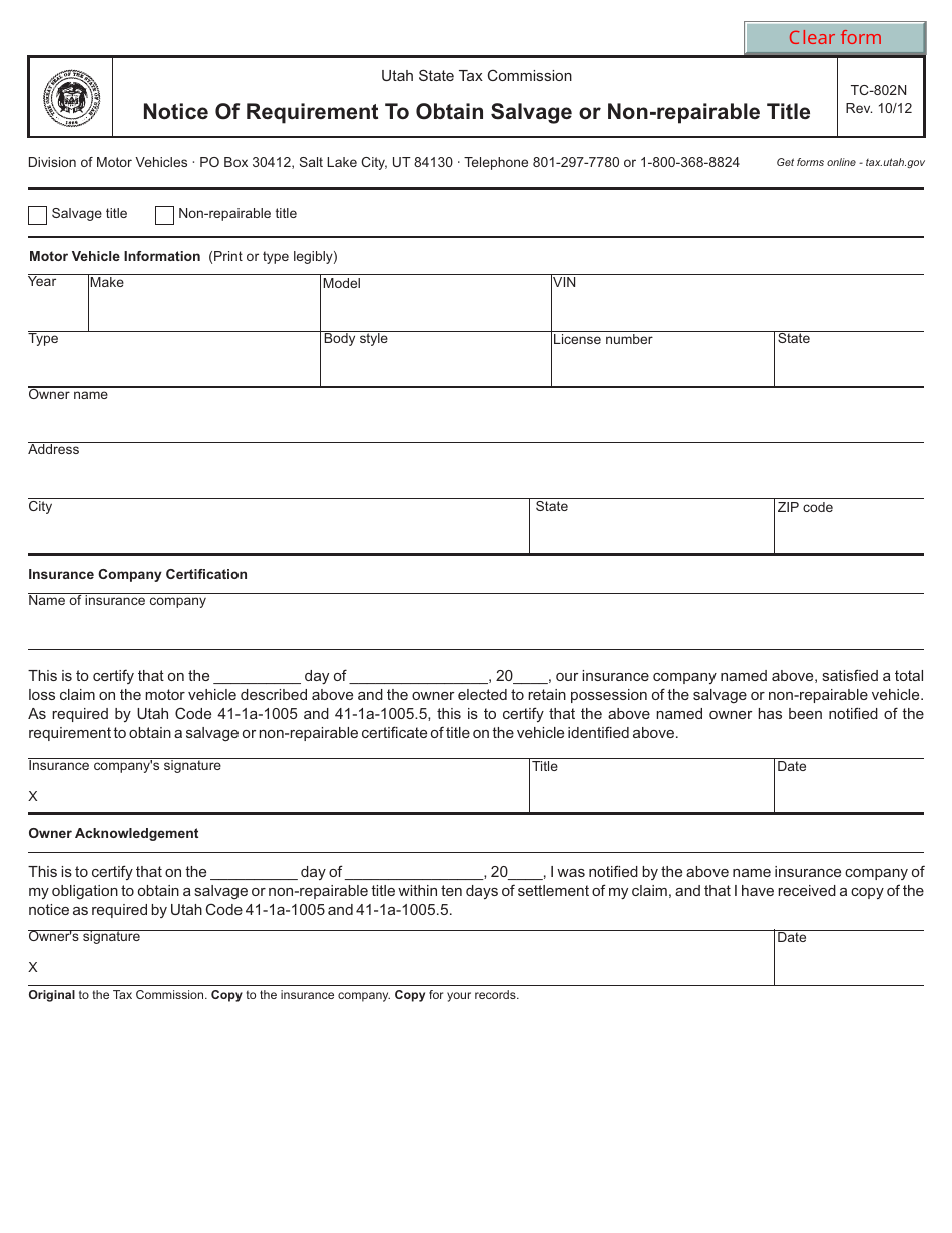Form TC-802-n Notice of Requirement to Obtain Salvage or Non-repairable Title - Utah, Page 1