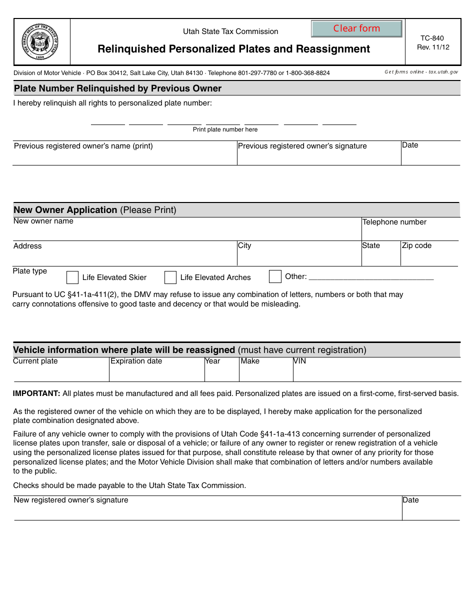 Form TC-840 Relinquished Personalized Plates and Reassignment - Utah, Page 1