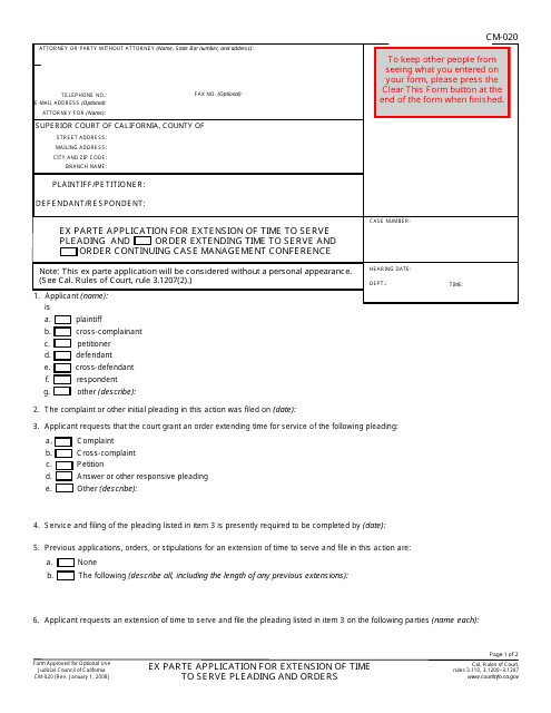 Form CM-020 Ex Parte Application for Extension of Time to Serve Pleading and Orders - California