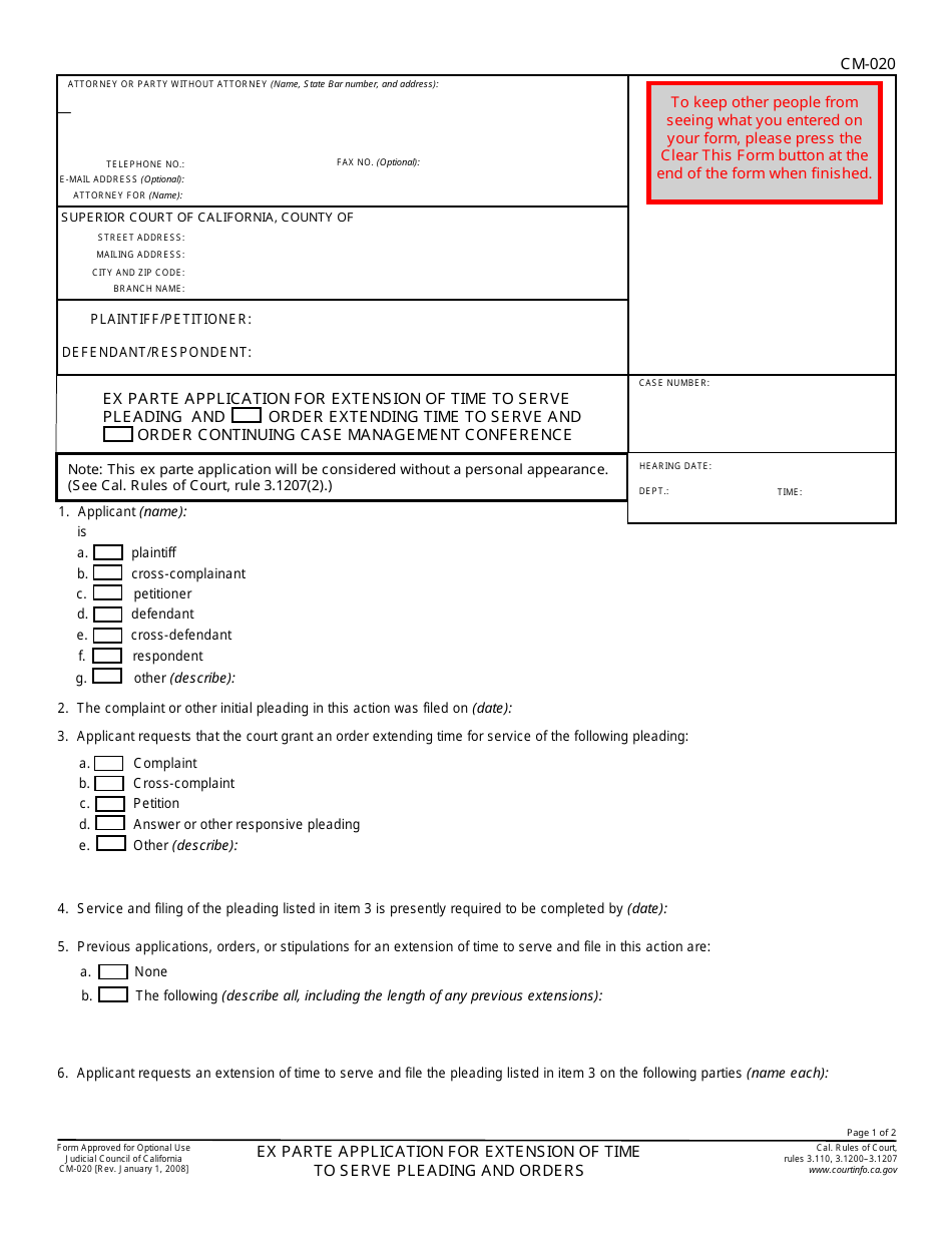 Form CM-020 Ex Parte Application for Extension of Time to Serve Pleading and Orders - California, Page 1
