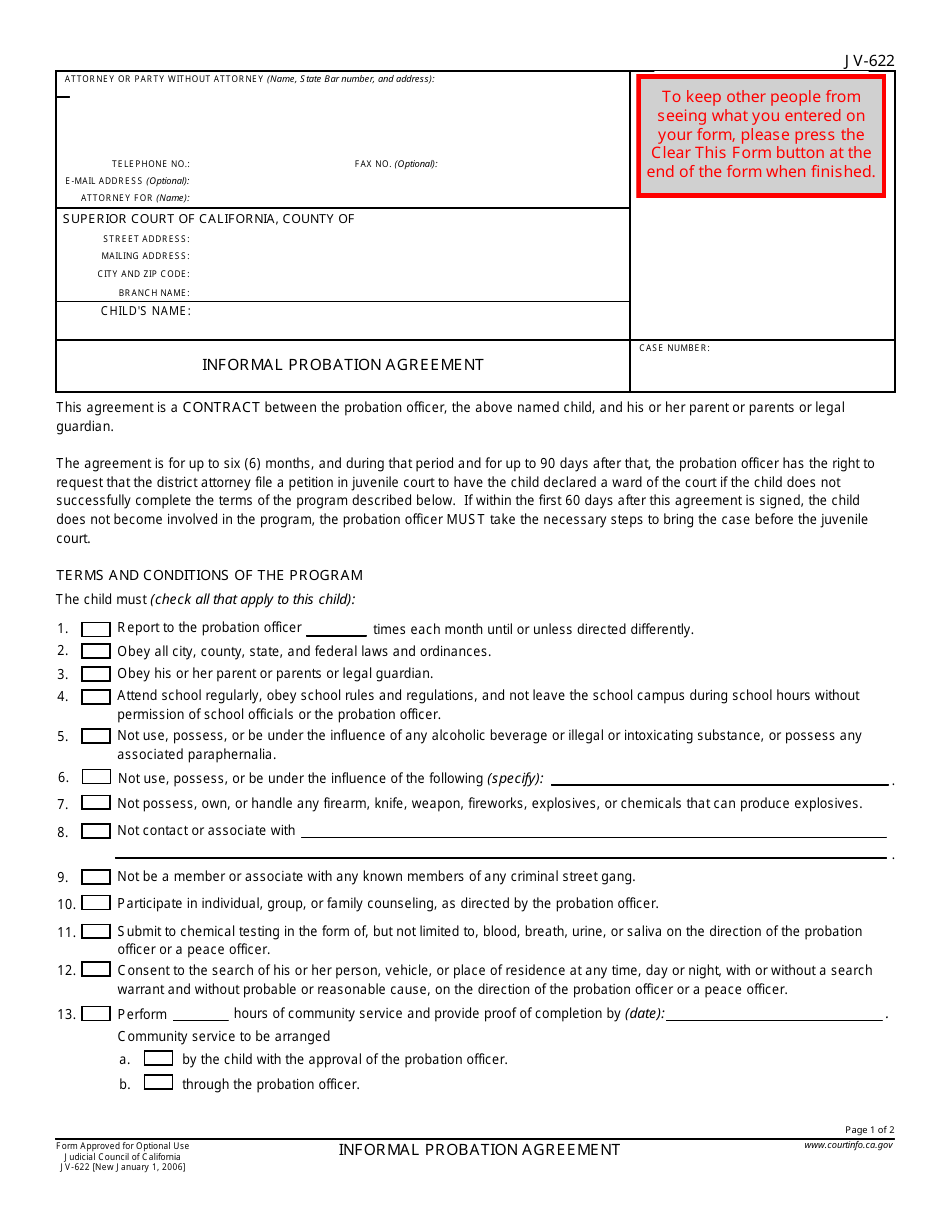 Form JV-622 Informal Probation Agreement - California, Page 1